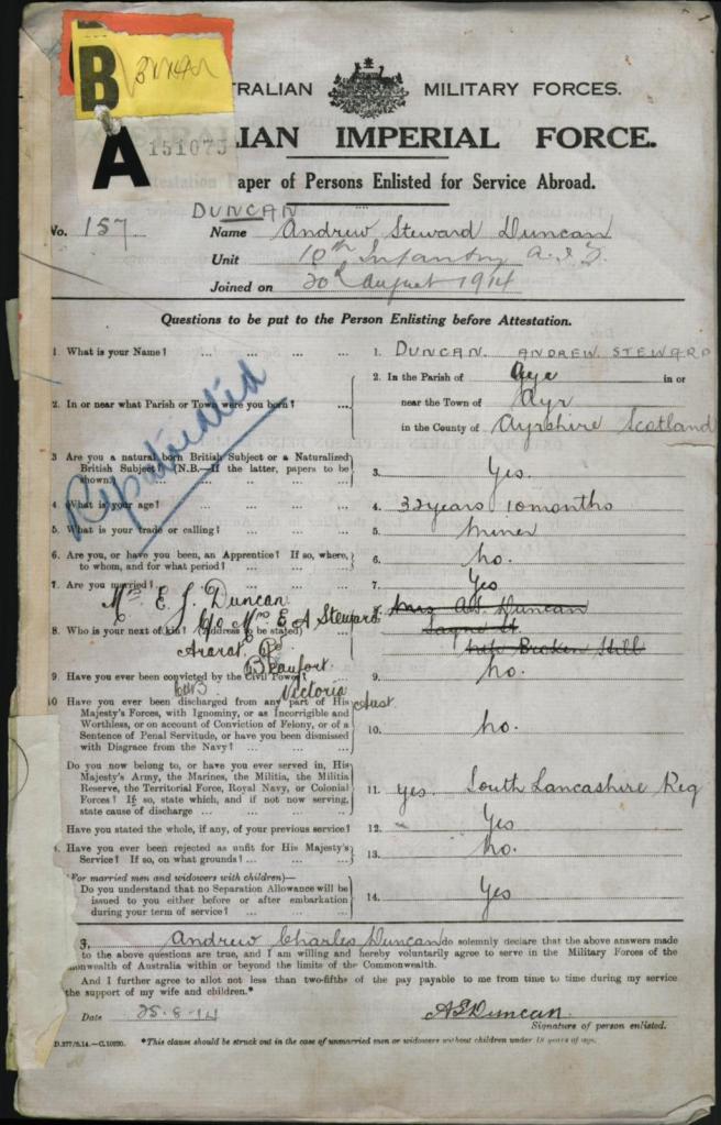 A.S. Duncan attestation 20 August 1914.  B2455/3525935 © Commonwealth of Australia (National Archives of Australia) 2013.